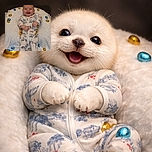 A joyful baby in a cozy printed onesie is lying on a soft white blanket, surrounded by scattered shiny blue and gold foil-wrapped chocolates, flashing a big toothless smile that could brighten anyone's day.
