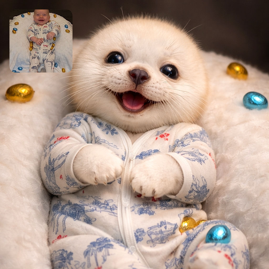 A joyful baby in a cozy printed onesie is lying on a soft white blanket, surrounded by scattered shiny blue and gold foil-wrapped chocolates, flashing a big toothless smile that could brighten anyone's day.