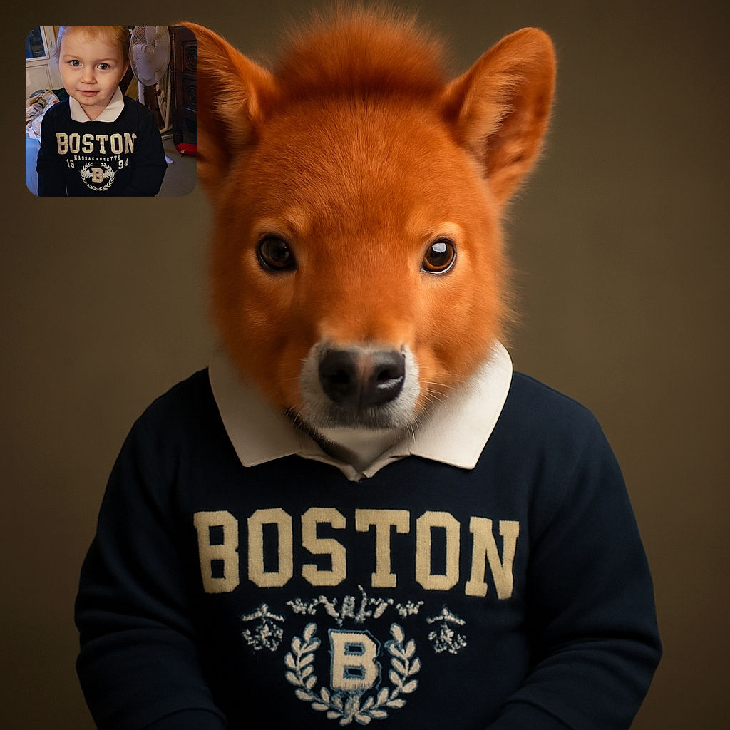 A charming young child with bright eyes and a slight smile wears a dark Boston sweatshirt with a white collar, standing indoors with a fan and various household items in the background.