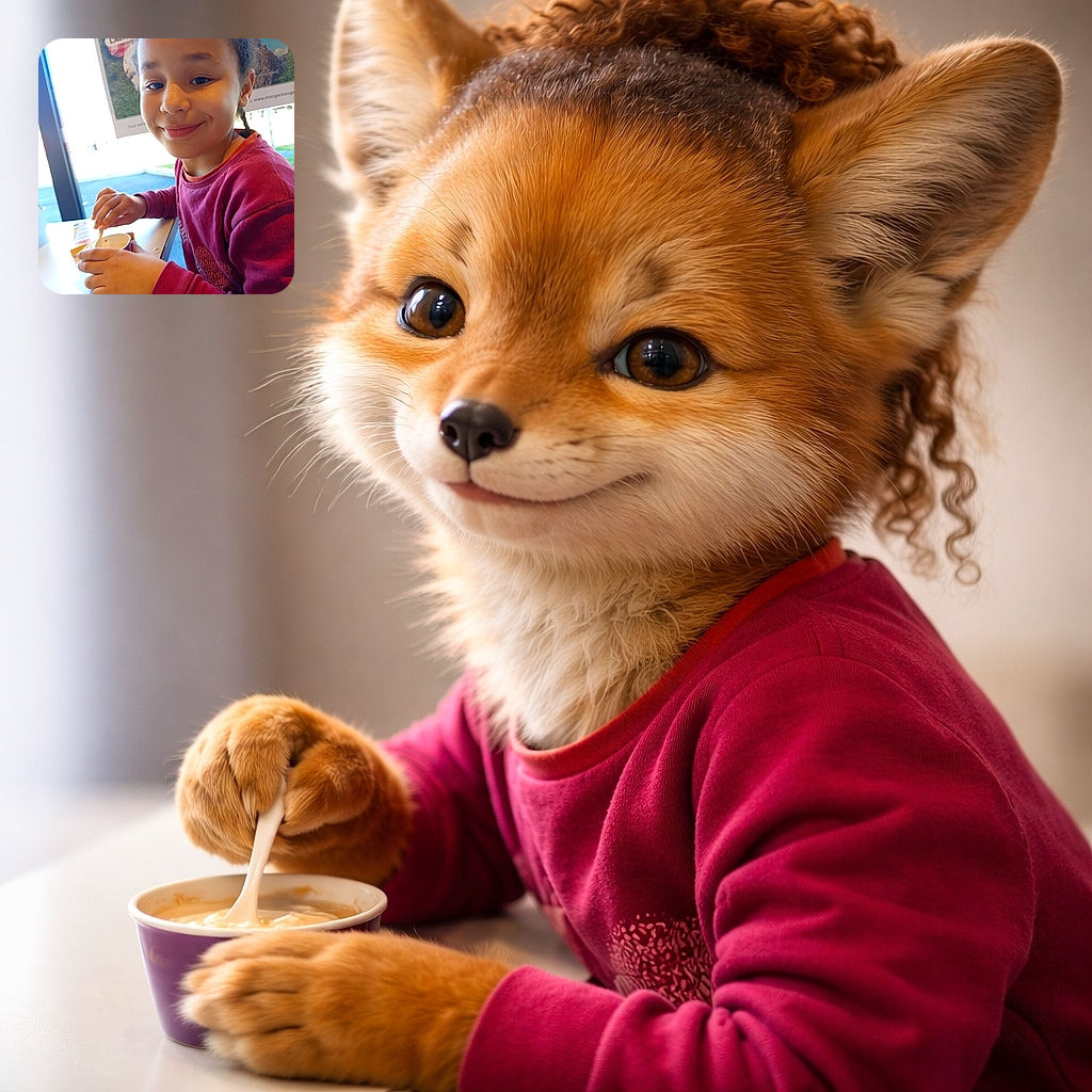 A cheerful child with braided hair grins at the camera while spooning a snack from a cup—sunlight through the window gives a cozy glow, and a colorful poster peeks behind like a curious art critic.