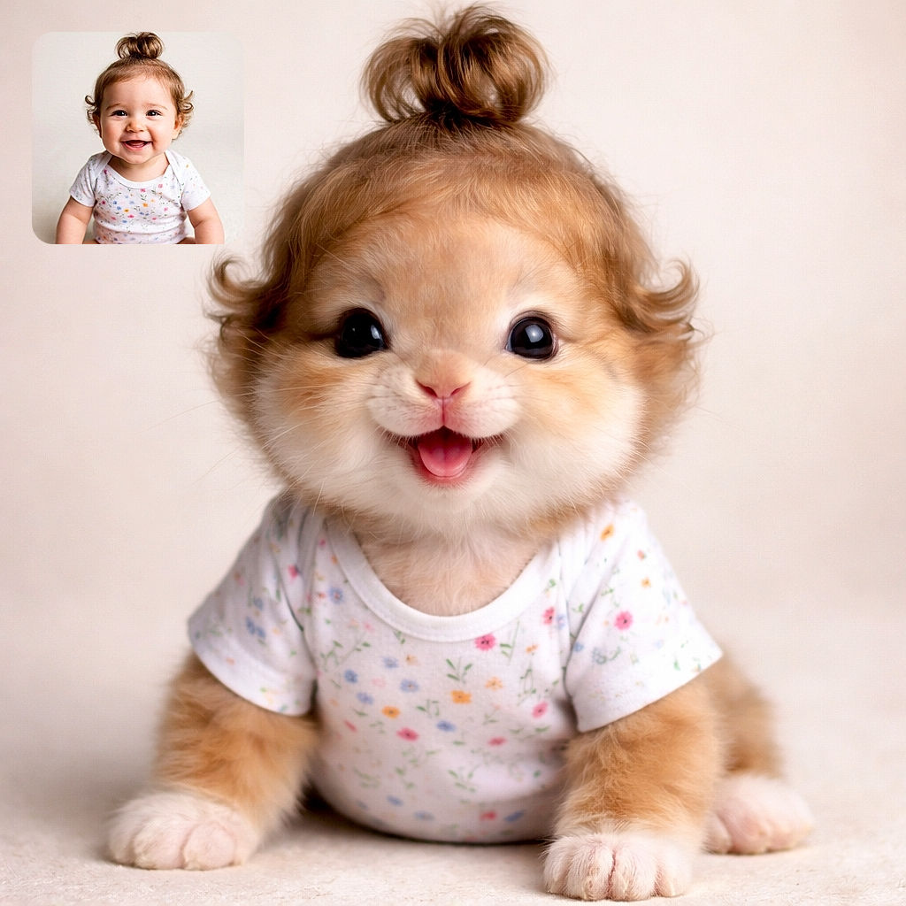 A giggling baby with a top‑knot bun and irresistibly chubby cheeks steals the frame—rocking a tiny floral onesie, sitting against a soft neutral backdrop and practicing peak adorable-smile form.