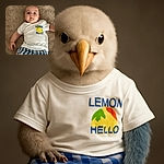 A curious baby lies on a fluffy brown carpet, wearing a white t-shirt with a cheerful lemon graphic and blue checkered shorts, eyes wide open as if discovering the world for the first time.