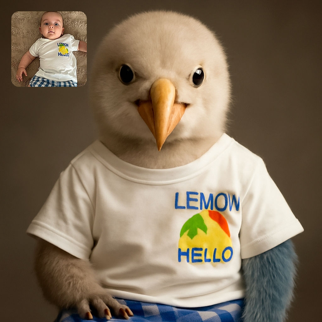 A curious baby lies on a fluffy brown carpet, wearing a white t-shirt with a cheerful lemon graphic and blue checkered shorts, eyes wide open as if discovering the world for the first time.