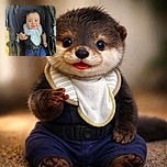 A cheerful baby sitting comfortably in a stroller, wearing a bib and secured with a harness, smiling brightly with a playful sparkle in their eyes, surrounded by the cozy black fabric of the stroller on a sunny day.