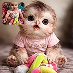 A curious baby with wide eyes and a slightly open mouth sits surrounded by colorful plush toys, wearing a pink shirt with cute animal faces, set against a cozy backdrop of patterned pillows and wooden furniture.