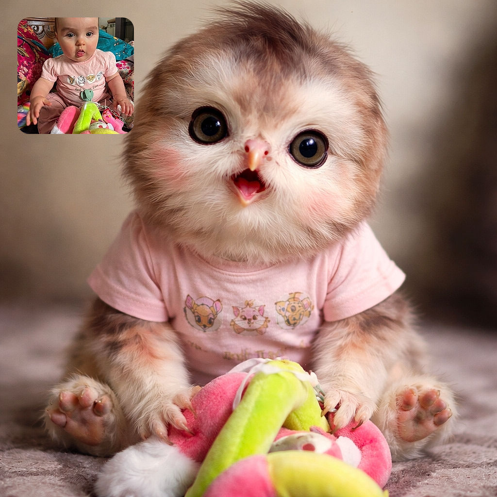 A curious baby with wide eyes and a slightly open mouth sits surrounded by colorful plush toys, wearing a pink shirt with cute animal faces, set against a cozy backdrop of patterned pillows and wooden furniture.