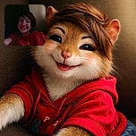 A dimly lit selfie of a smiling child lounging on a couch, wearing a red shirt with a graphic design, the background mostly dark with a textured wall on one side.