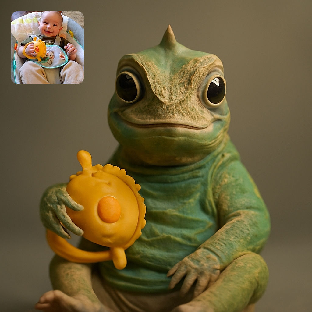 A cheerful baby is comfortably seated in a cushioned baby chair, holding a bright yellow lion-shaped toy with a big smile and sparkling eyes, surrounded by soft pastel colors and a cozy home setting.