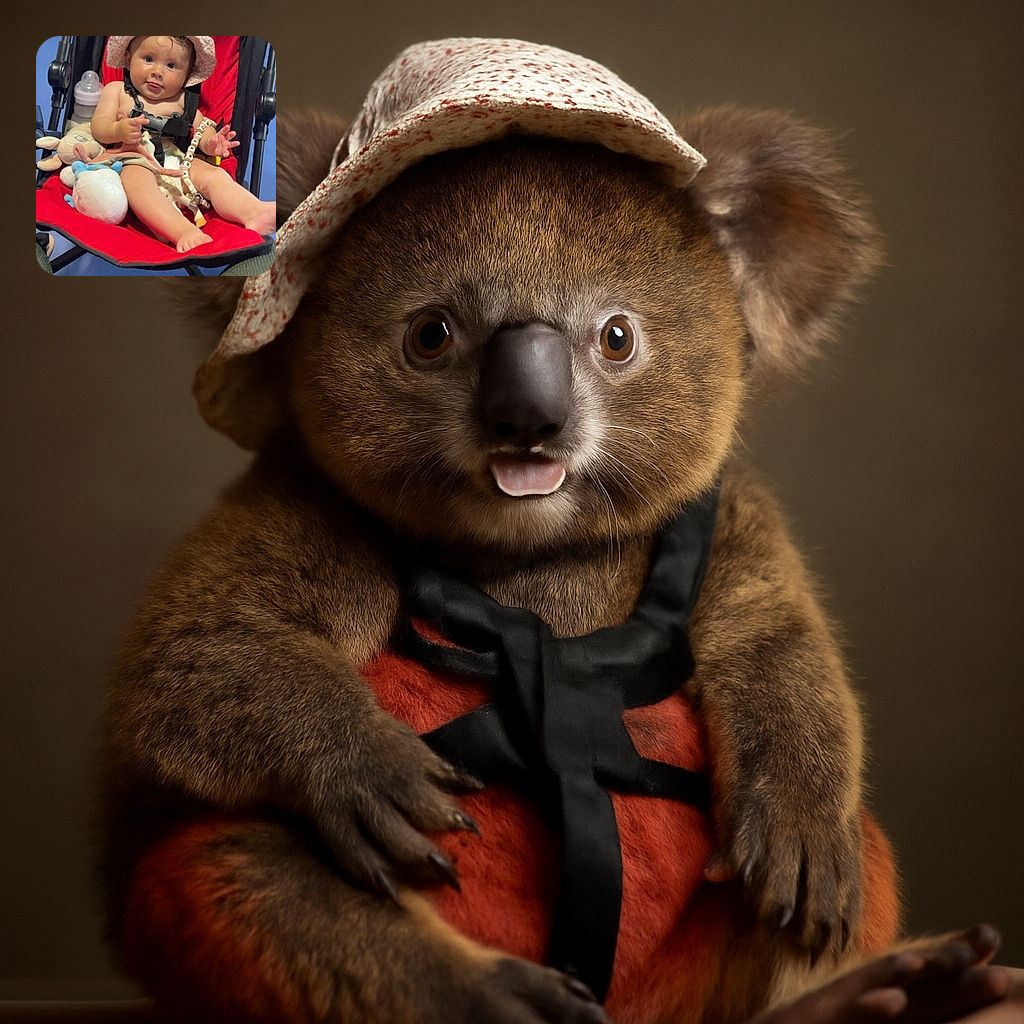 A cute baby wearing a floral sunhat sits comfortably in a red stroller, surrounded by plush toys and a baby bottle. The baby looks curiously at the camera with a playful expression, sticking out their tongue slightly. The background is a blue floor and some furniture, with a user interface overlay from a messaging app visible on top.