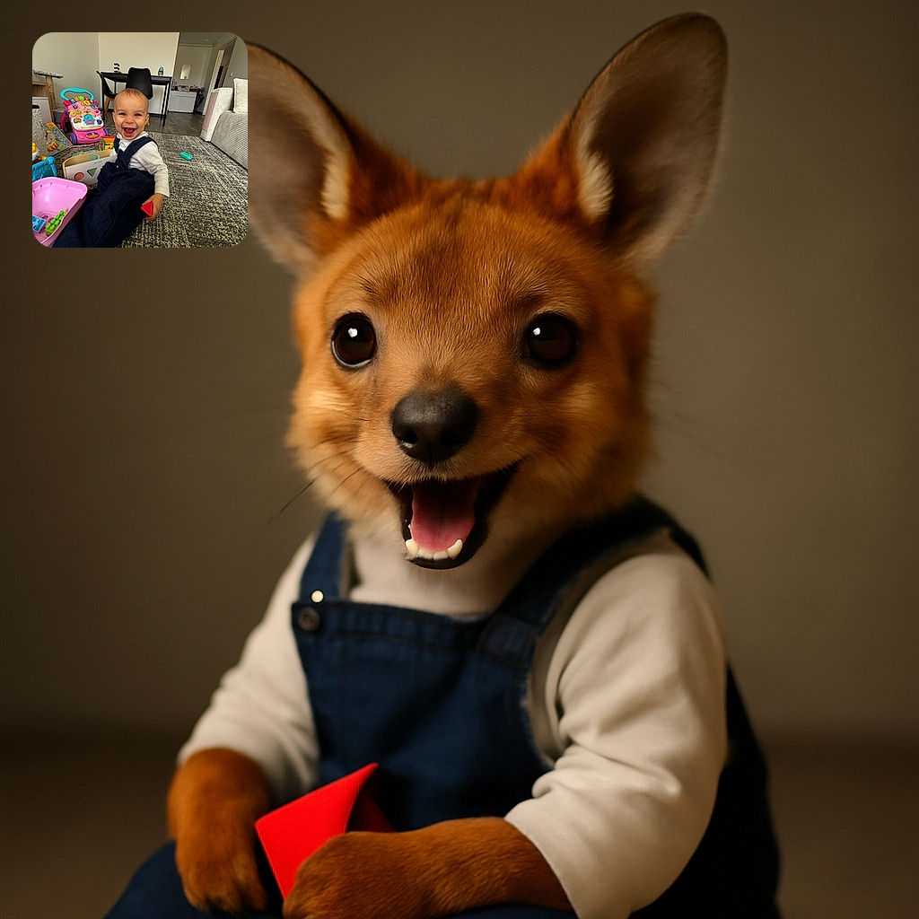 A joyful toddler is sitting on a carpet surrounded by colorful toys, laughing with a bright smile while holding a red triangular block. The cozy room features a dining table, chairs, and a couch, creating a warm and playful atmosphere.
