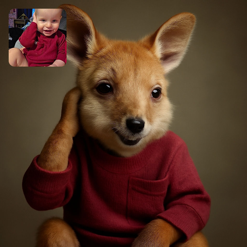 A cheerful toddler in a cozy maroon sweater smiles playfully, one hand touching their ear, while sitting comfortably indoors surrounded by a softly lit, cluttered background.