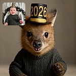 A joyful baby wearing a tiny glittery black and gold hat with numbers is grinning widely, dressed in a cozy dark knitted outfit, surrounded by festive decorations and soft white fabric, radiating pure happiness and cuteness overload.