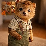 A curious toddler stands confidently in a warmly lit room, bathed in golden sunlight streaming through the window, wearing vintage-style suspenders and shorts, with toys scattered in the background.