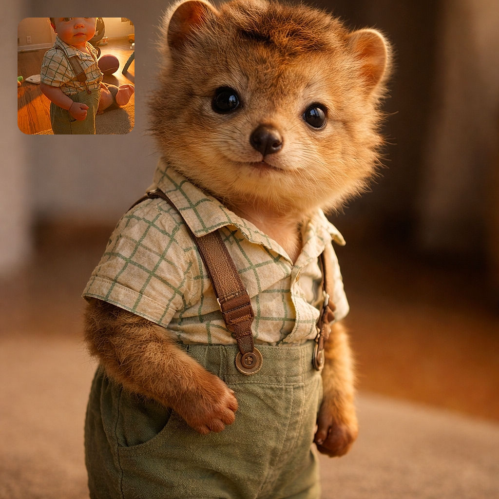 A curious toddler stands confidently in a warmly lit room, bathed in golden sunlight streaming through the window, wearing vintage-style suspenders and shorts, with toys scattered in the background.