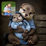 A smiling girl proudly cradles a baby on an old wooden bench, as if she has just been promoted to head of sibling security. The leafy garden, tiny white flowers, and oversized blue bow give the scene a charming outdoor family-portrait feel.