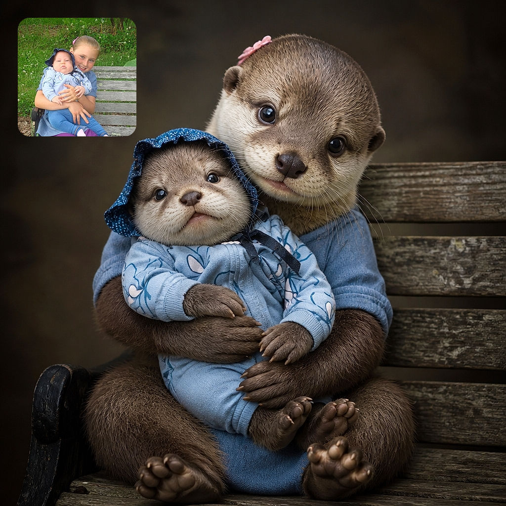 A smiling girl proudly cradles a baby on an old wooden bench, as if she has just been promoted to head of sibling security. The leafy garden, tiny white flowers, and oversized blue bow give the scene a charming outdoor family-portrait feel.