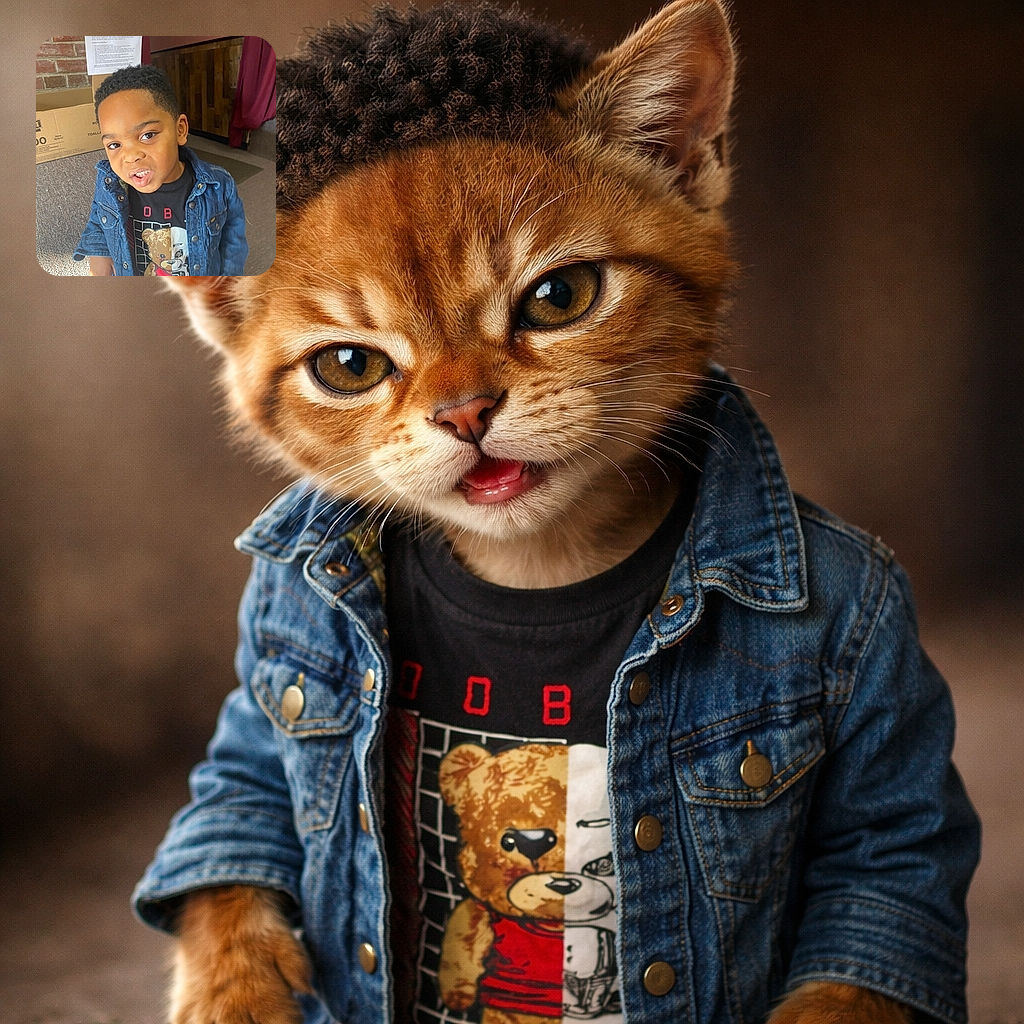 A cheeky little boy gives the camera a mischievous, slightly toothy look while rocking a denim jacket and a half-teddy/half-robot shirt — cardboard boxes, a posted notice and warm wood paneling make the background feel like a cozy, chaotic corner of a community space.