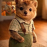 A curious toddler stands confidently in a warmly lit room, bathed in golden sunlight streaming through a window, with soft shadows playing on the wooden floor and cozy carpet around. The child sports a plaid shirt with suspenders and shorts, looking straight into the camera with an innocent but determined expression.