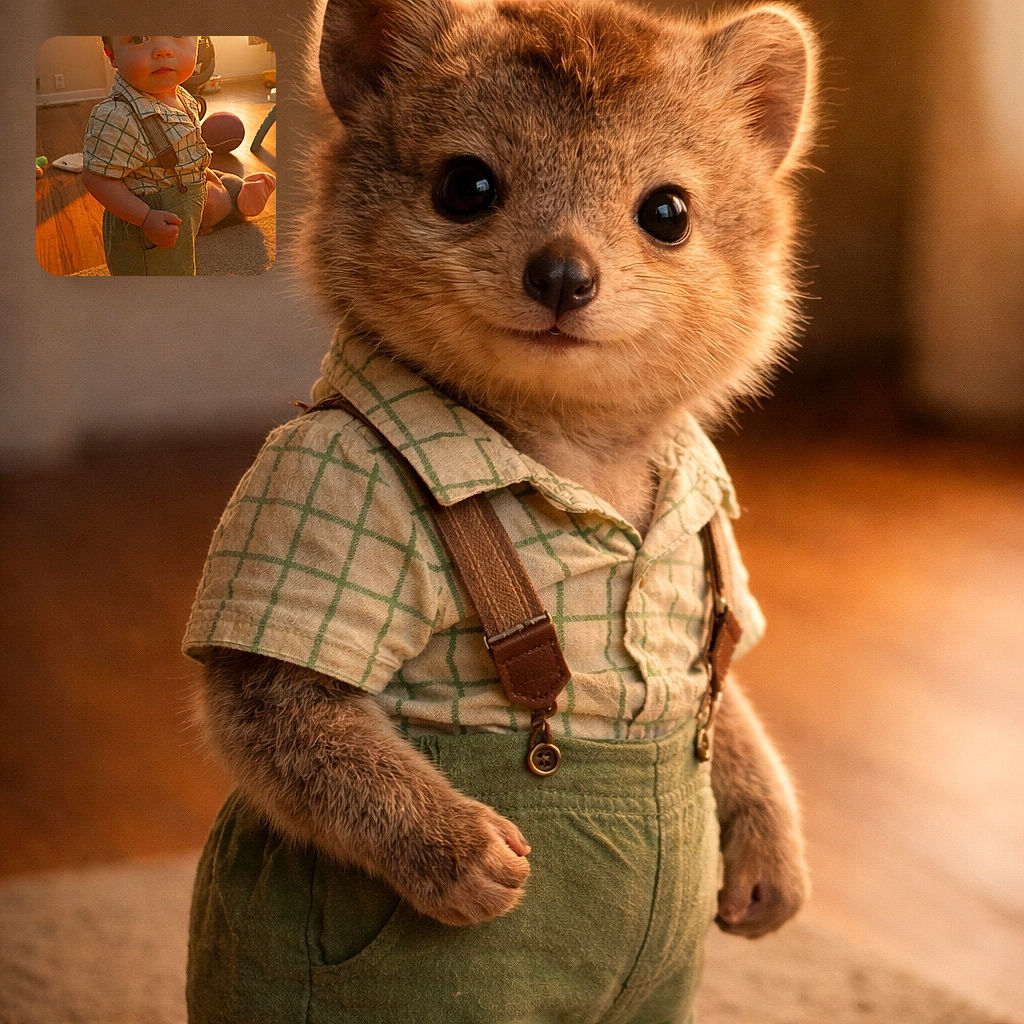 A curious toddler stands confidently in a warmly lit room, bathed in golden sunlight streaming through a window, with soft shadows playing on the wooden floor and cozy carpet around. The child sports a plaid shirt with suspenders and shorts, looking straight into the camera with an innocent but determined expression.