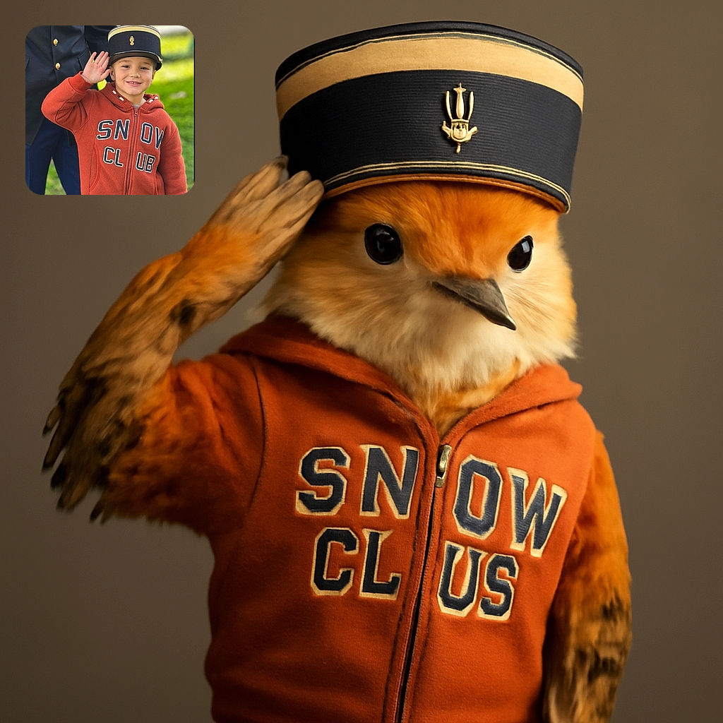 A cheerful young child wearing a military-style hat and a bright orange hoodie with 'SNOW CLUB' written on it is giving a friendly salute. Behind the child, a person in a formal uniform stands partially visible, adding a touch of ceremony to the outdoor scene with green grass and blurred background.