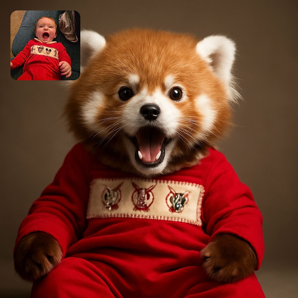 A joyful baby in a bright red outfit featuring classic cartoon characters is captured mid-laugh, lying comfortably on a teal couch with a cozy blanket nearby, radiating pure happiness and holiday cheer.
