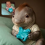 A smiling baby clutching a blue star-shaped toy while nestled cozily among soft green cushions, with a dark quilted background adding contrast to the adorable scene.