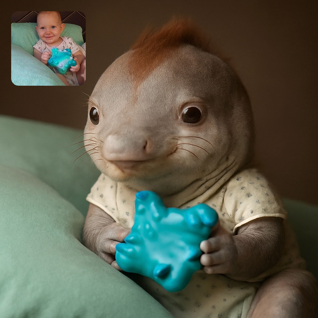 A smiling baby clutching a blue star-shaped toy while nestled cozily among soft green cushions, with a dark quilted background adding contrast to the adorable scene.