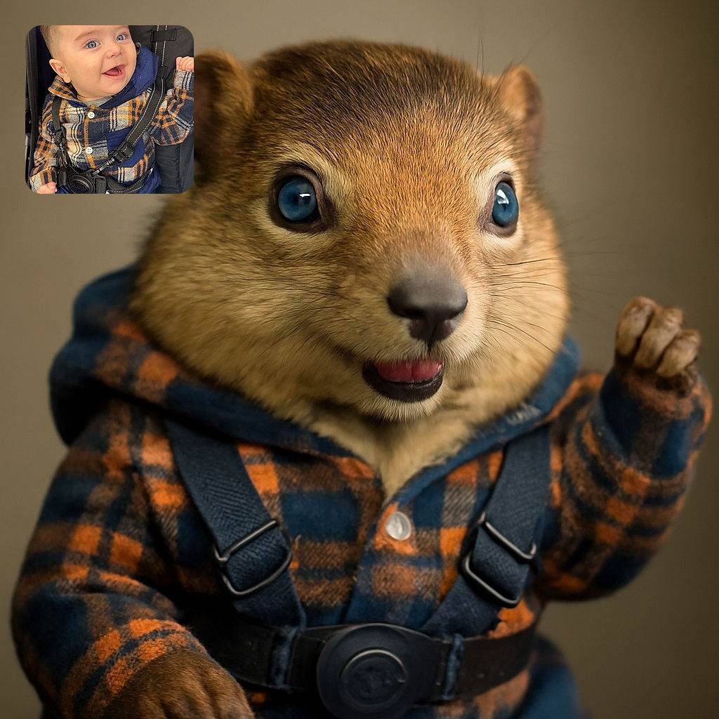 A cheerful baby with sparkling blue eyes and a trendy haircut is strapped comfortably in a stroller, wearing a cozy plaid jacket and ripped navy pants, flashing an adorable open-mouth smile that could brighten anyone's day.