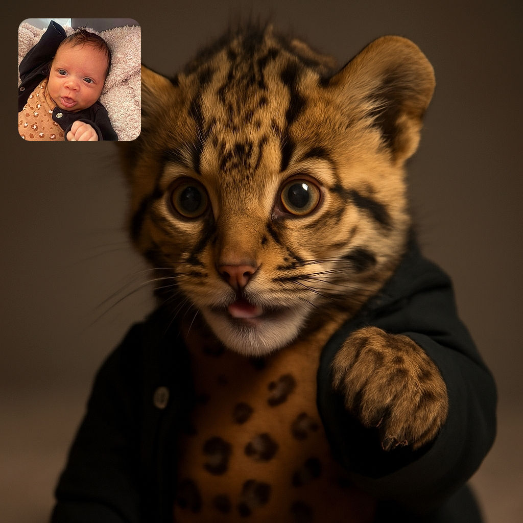 A tiny baby with a mischievous expression sticks out their tongue while wearing a cute leopard print onesie and a black jacket, lying on a fluffy pink blanket. Their little fist is raised like a future champion, ready to conquer nap time and snack time alike.