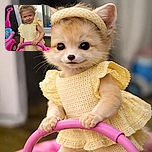 A charming toddler in a sunny yellow outfit stands confidently on a small trampoline, gripping the pink handlebar with a mischievous smile. Behind her, a colorful toy car adds a playful vibe to the backyard scene.