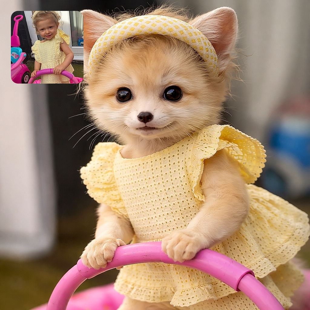 A charming toddler in a sunny yellow outfit stands confidently on a small trampoline, gripping the pink handlebar with a mischievous smile. Behind her, a colorful toy car adds a playful vibe to the backyard scene.