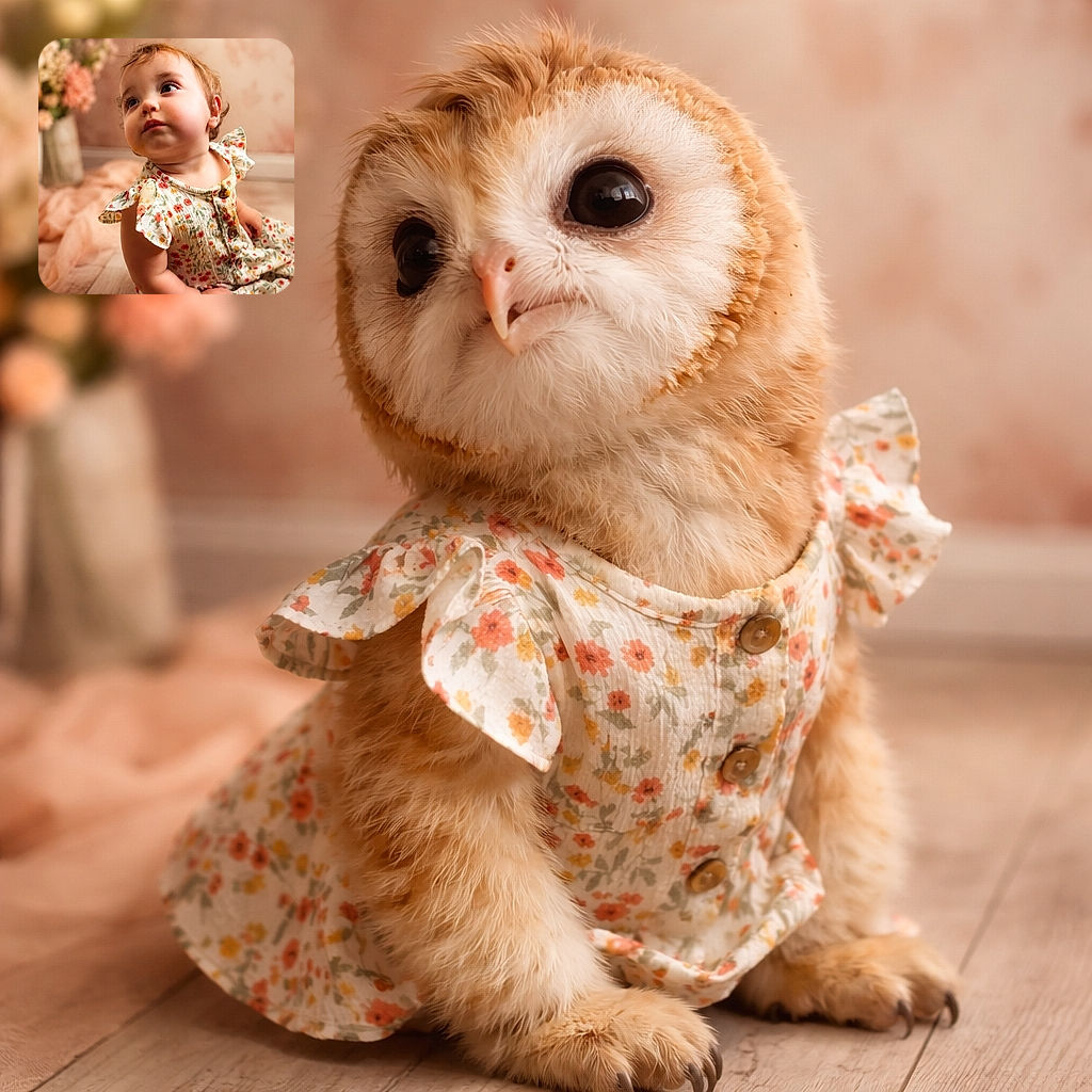 A charming toddler in a floral dress gazes thoughtfully to the side, sitting on a wooden floor with soft pastel decor and blurred flowers in the background, creating a warm and cozy atmosphere.