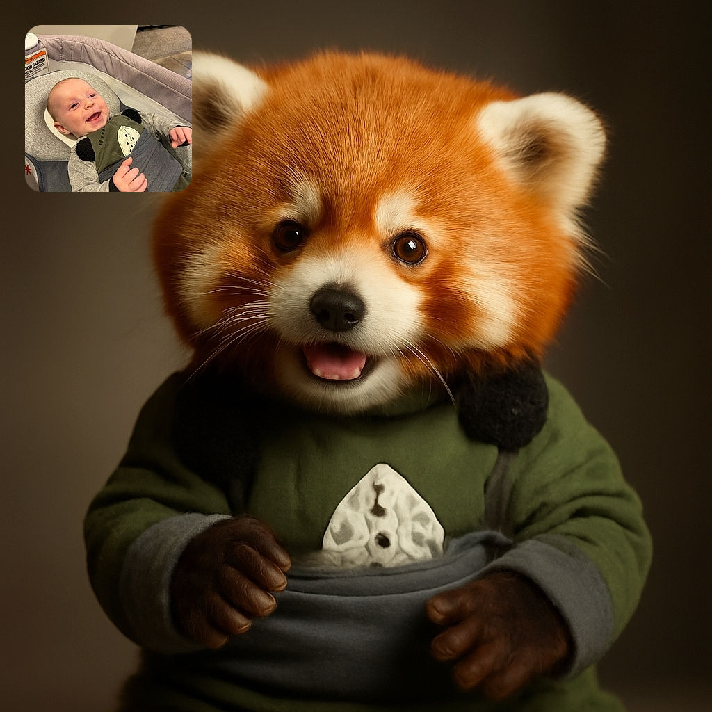 A joyful baby is lying comfortably in a cozy baby seat, wearing a cute outfit with panda-like patches on the shoulders, smiling widely with sparkling eyes and tiny hands reaching out in excitement.