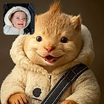 A joyful baby bundled in a fluffy white bear-themed outfit, smiling up with bright blue eyes while strapped safely in a stroller, radiating pure cuteness and warmth.
