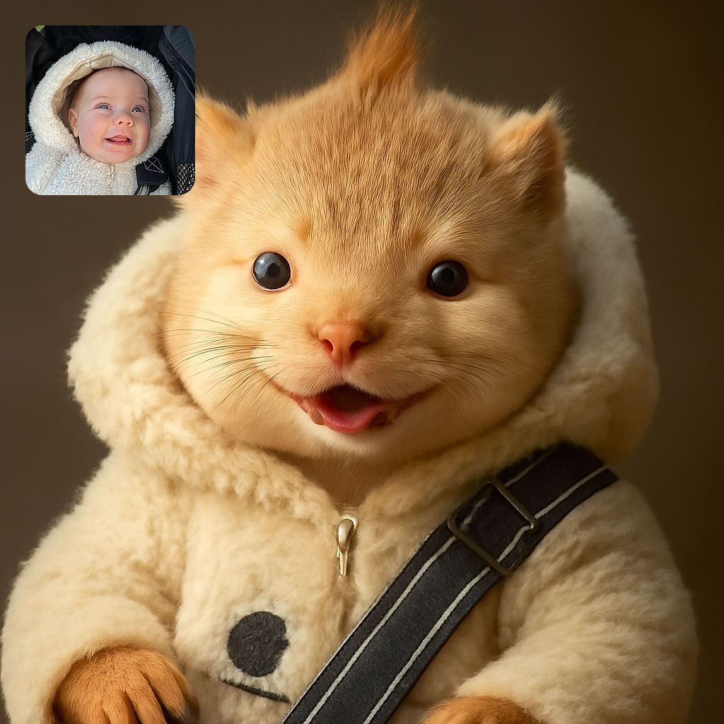 A joyful baby bundled in a fluffy white bear-themed outfit, smiling up with bright blue eyes while strapped safely in a stroller, radiating pure cuteness and warmth.