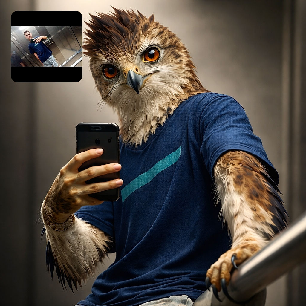 A teenage boy in a navy blue t-shirt and light shorts takes a casual mirror selfie inside a metallic elevator, holding his phone with one hand while the other rests in his pocket, the elevator's reflective walls adding some depth to the shot.