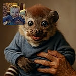 A joyful baby with chocolate smeared all over the mouth is being held up by adult hands, wearing a blue shirt and striped pants, with a cozy, warmly lit room in the background featuring leafy wallpaper and soft furnishings.