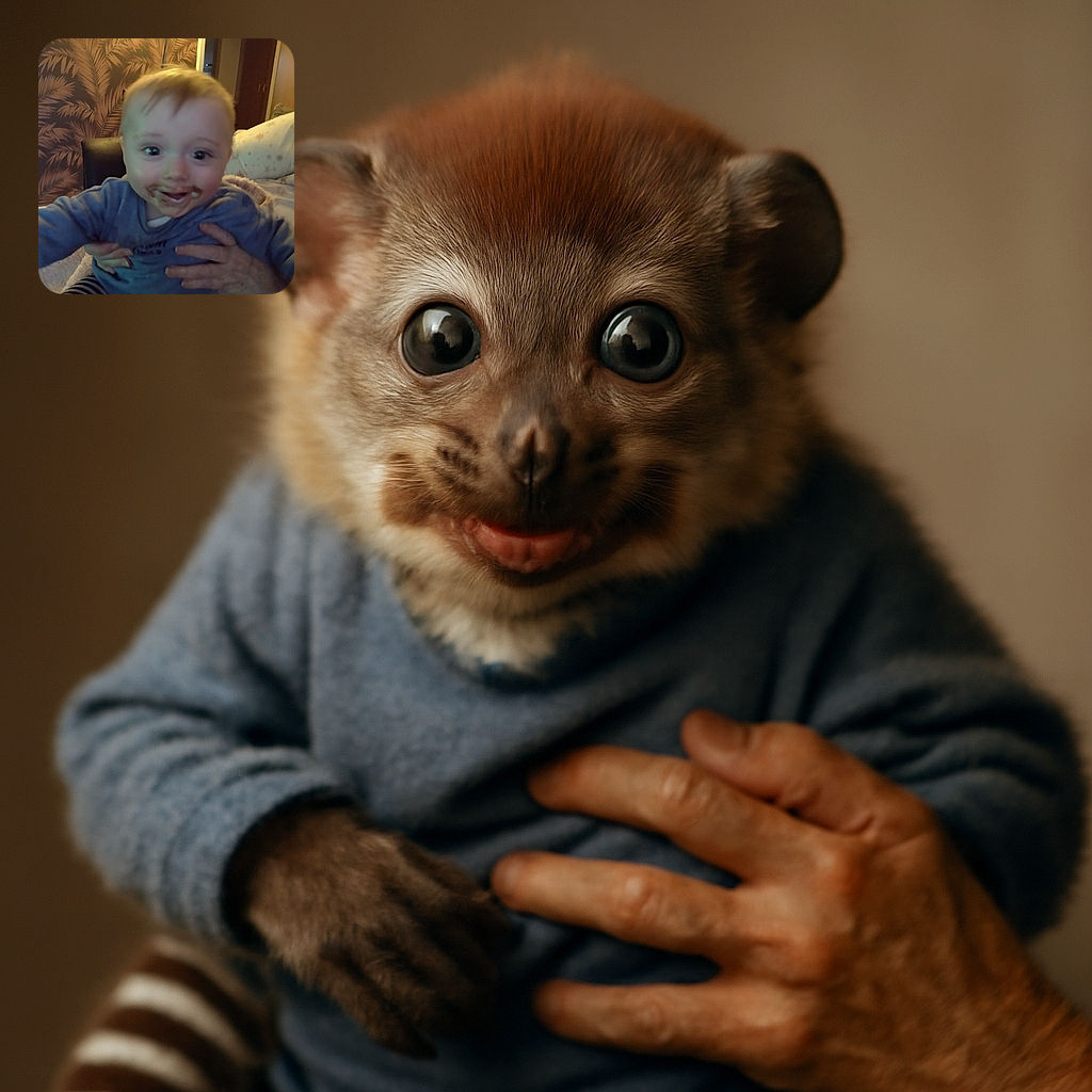 A joyful baby with chocolate smeared all over the mouth is being held up by adult hands, wearing a blue shirt and striped pants, with a cozy, warmly lit room in the background featuring leafy wallpaper and soft furnishings.