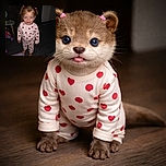 A cute toddler with bright blue eyes and pigtails stands barefoot on a striped floor wearing heart-patterned pajamas, looking curiously at the camera in a dimly lit room with toys and furniture in the background.