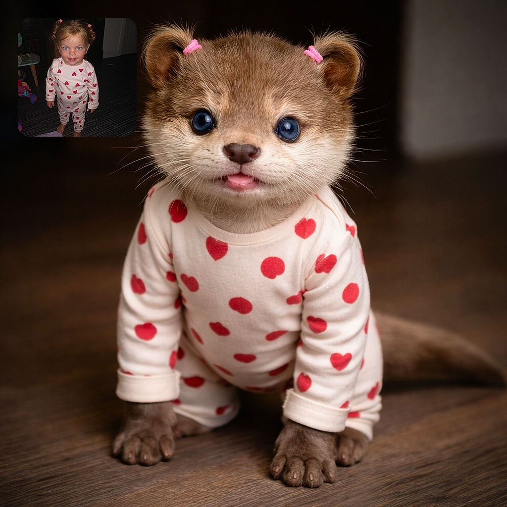 A cute toddler with bright blue eyes and pigtails stands barefoot on a striped floor wearing heart-patterned pajamas, looking curiously at the camera in a dimly lit room with toys and furniture in the background.