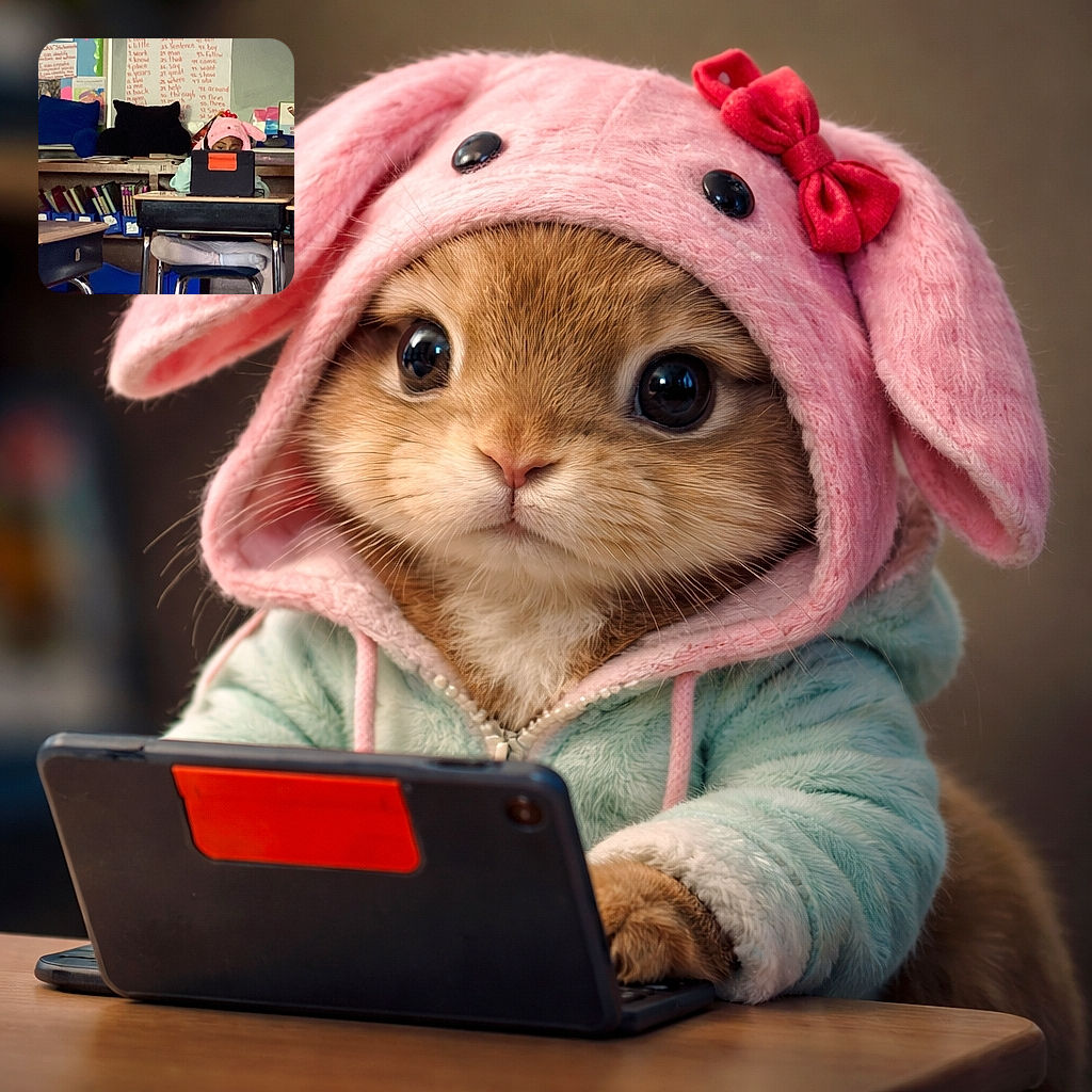 A young child wearing a playful pink hat with floppy ears sits cross-legged at a desk, intently focused on a laptop in a cozy classroom filled with colorful books and educational posters.