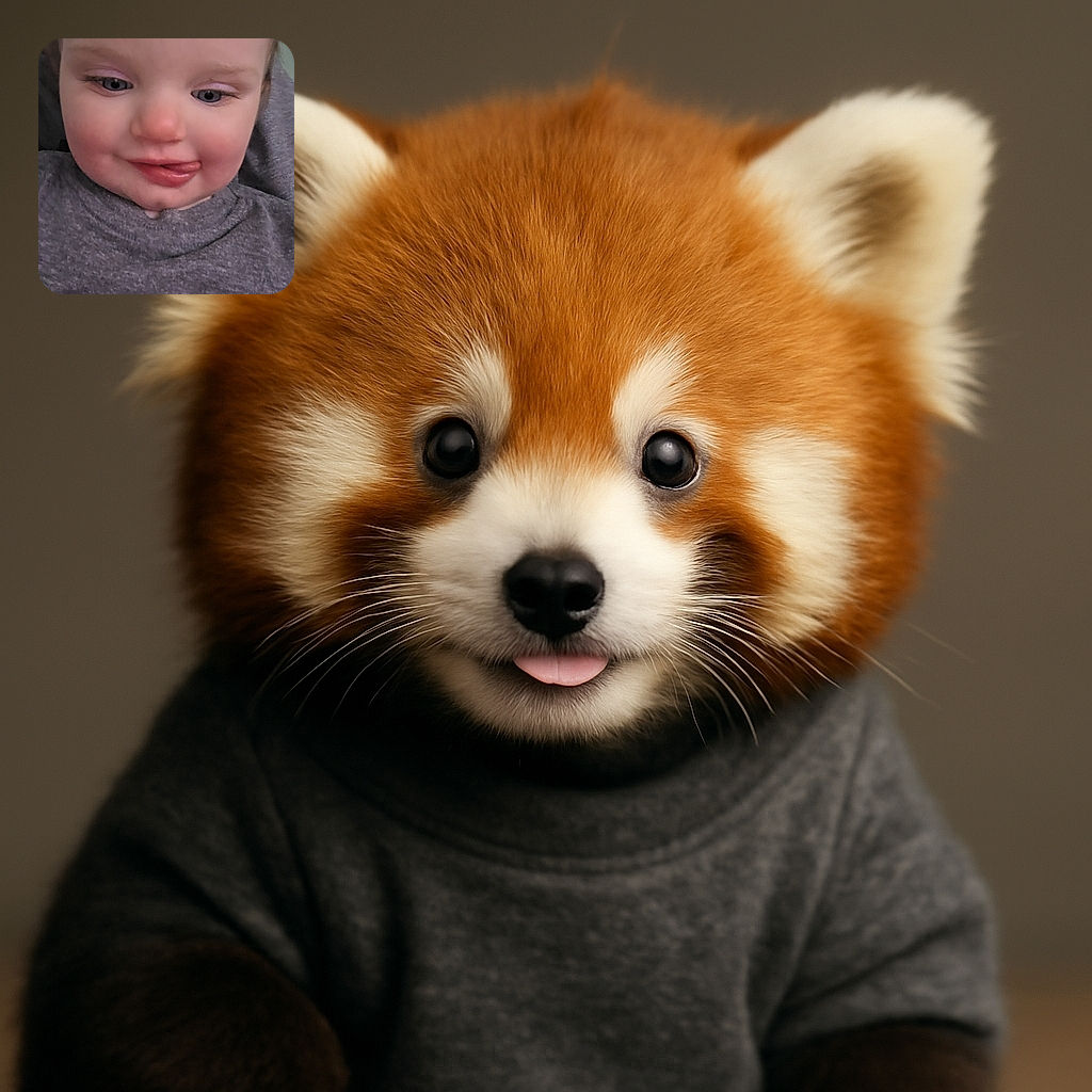 A close-up of a toddler with a cheeky expression, tongue playfully sticking out, wearing a cozy grey shirt, with soft lighting and a slightly blurred background.