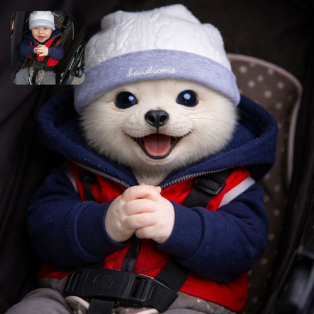 A joyful baby bundled up in a cozy knit hat and a bright red vest, sitting snugly in a polka-dotted stroller, clasping their hands together as if plotting world domination or just super excited about snack time.