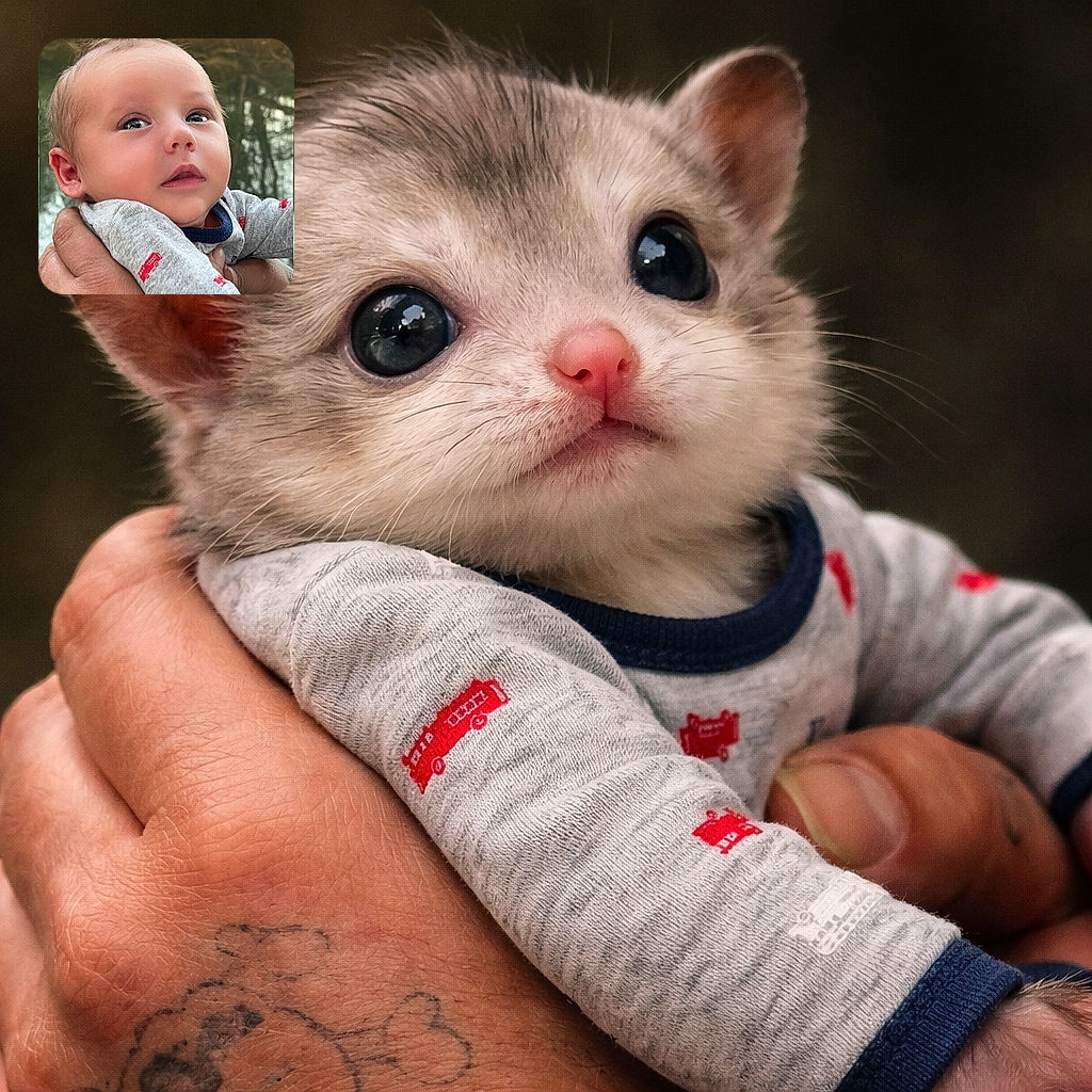 A close-up photo of a curious baby being gently held by an adult with a tattooed hand, set against a natural outdoor background with water and trees reflecting softly.