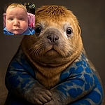 A close-up photo of a chubby-cheeked baby with wet hair wearing a cozy blue patterned onesie, sitting in a pink cushioned chair with a slightly serious expression, and a softly blurred background filled with household items.