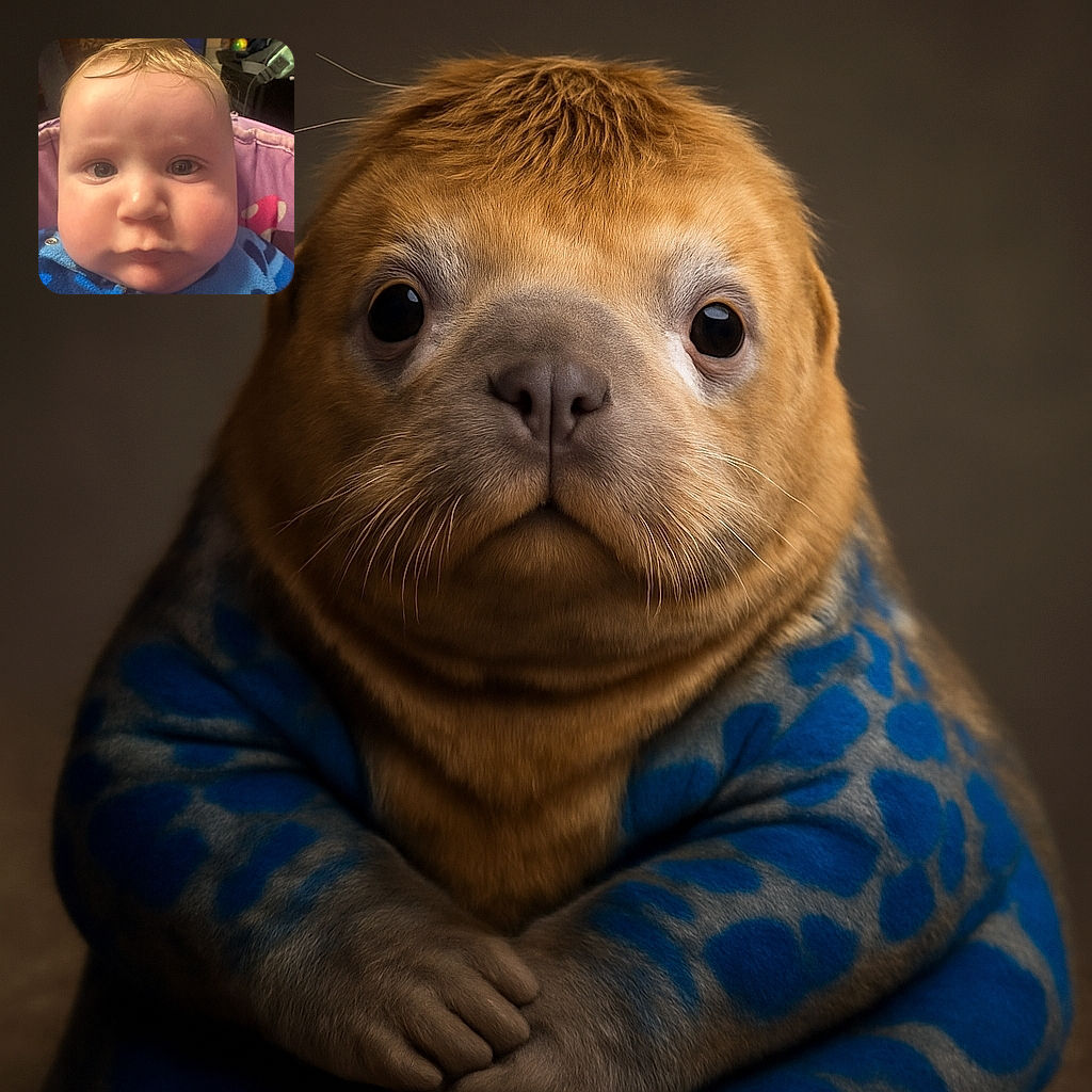 A close-up photo of a chubby-cheeked baby with wet hair wearing a cozy blue patterned onesie, sitting in a pink cushioned chair with a slightly serious expression, and a softly blurred background filled with household items.