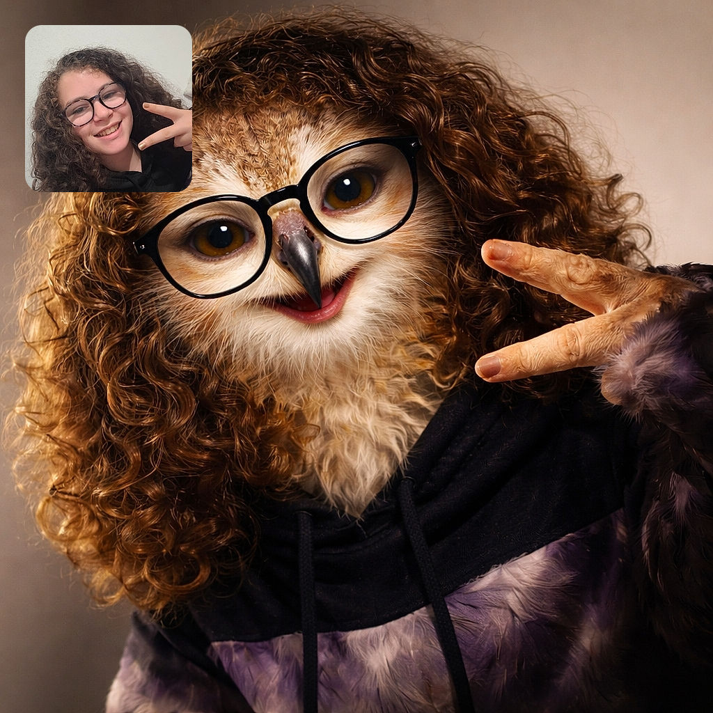 A cheerful young person with curly hair and glasses flashes a peace sign while smiling warmly at the camera against a plain wall background.