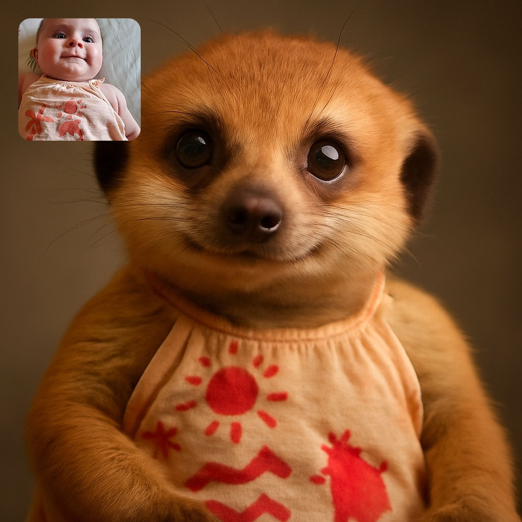 A close-up photo of a smiling baby lying on a bed with a patterned pillow. The baby wears a light peach sleeveless top with red designs, looking curiously at the camera with wide eyes and a subtle smile.