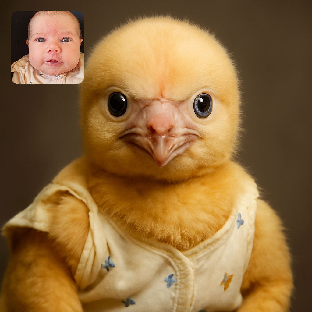 A close-up of a curious baby with big blue eyes and a slightly open mouth, bundled in a cozy outfit with a dark background that makes the baby's face pop like a tiny superstar.