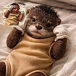 A tiny baby wearing white mittens and a beige outfit lies on a soft blanket, looking curiously to the side with a slightly furrowed brow, as if pondering the mysteries of the world.